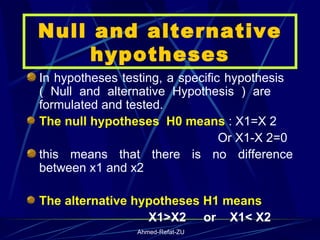 Null and alternative hypotheses In hypotheses testing, a specific hypothesis  ( Null and alternative Hypothesis ) are  formulated and tested.  The null hypotheses  H0 means  : X1=X 2  Or X1-X 2=0 this means that there is no difference between x1 and x2   The alternative hypotheses H1 means X1>X2  or  X1< X2 