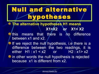 Null and alternative hypotheses The alternative hypotheses H1 means X1>X2  or  X1< X2 this means that there is no difference between x1 and x2.  If we reject the null hypothesis, i.e there is a difference between the two readings, it is either  H1 : x1 < x2  or  H2 : x1> x2 in other words the null hypothesis is rejected  because  x1 is different from x2. 