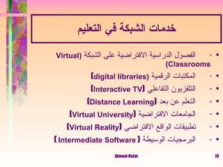 خدمات الشبكة في التعليم ·         الفصول الدراسية الافتراضية على الشبكة  (Virtual   Classrooms) ·         المكتبات الرقمية  ( digital libraries )  ·         التلفزيون التفاعلي  ( Interactive TV )  ·         التعلم عن بعد  ( Distance Learning )  ·         الجامعات الافتراضية  ( Virtual University )  ·         تطبيقات الواقع الافتراضي  ( Virtual Reality ) ·         البرمجيات الوسيطة  (  Intermediate Software  ) 