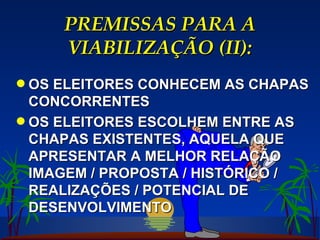 PREMISSAS PARA A VIABILIZAÇÃO (II): OS ELEITORES CONHECEM AS CHAPAS CONCORRENTES OS ELEITORES ESCOLHEM ENTRE AS CHAPAS EXISTENTES, AQUELA QUE APRESENTAR A MELHOR RELAÇÃO IMAGEM / PROPOSTA / HISTÓRICO / REALIZAÇÕES / POTENCIAL DE DESENVOLVIMENTO 