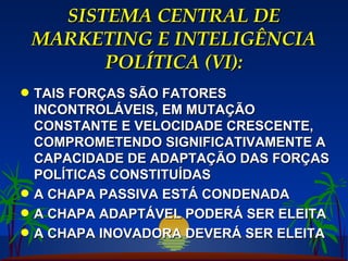 SISTEMA CENTRAL DE MARKETING E INTELIGÊNCIA POLÍTICA (VI): TAIS FORÇAS SÃO FATORES INCONTROLÁVEIS, EM MUTAÇÃO CONSTANTE E VELOCIDADE CRESCENTE, COMPROMETENDO SIGNIFICATIVAMENTE A CAPACIDADE DE ADAPTAÇÃO DAS FORÇAS POLÍTICAS CONSTITUÍDAS A CHAPA PASSIVA ESTÁ CONDENADA A CHAPA ADAPTÁVEL PODERÁ SER ELEITA A CHAPA INOVADORA DEVERÁ SER ELEITA 