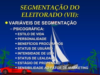 SEGMENTAÇÃO DO ELEITORADO (VII): VARIÁVEIS DE SEGMENTAÇÃO PSICOGRÁFICA: ESTILO DE VIDA PERSONALIDADE BENEFÍCIOS PROCURADOS STATUS DE USUÁRIO INTENSIDADE DE USO STATUS DE LEALDADE ESTÁGIO DE PROPENSÃO SENSIBILIDADE AO FATOR DE MARKETING 