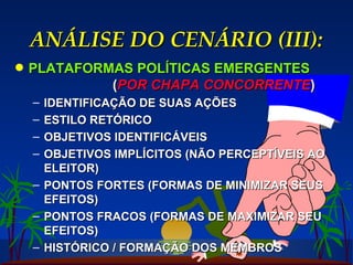 ANÁLISE DO CENÁRIO (III): PLATAFORMAS POLÍTICAS EMERGENTES  ( POR CHAPA CONCORRENTE ) IDENTIFICAÇÃO DE SUAS AÇÕES ESTILO RETÓRICO OBJETIVOS IDENTIFICÁVEIS OBJETIVOS IMPLÍCITOS (NÃO PERCEPTÍVEIS AO ELEITOR) PONTOS FORTES (FORMAS DE MINIMIZAR SEUS EFEITOS) PONTOS FRACOS (FORMAS DE MAXIMIZAR SEU EFEITOS) HISTÓRICO / FORMAÇÃO DOS MEMBROS 
