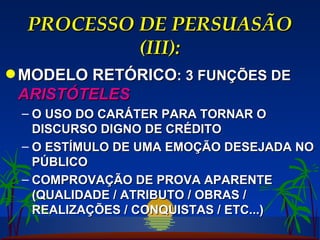 PROCESSO DE PERSUASÃO (III): MODELO RETÓRICO : 3 FUNÇÕES DE  ARISTÓTELES O USO DO CARÁTER PARA TORNAR O DISCURSO DIGNO DE CRÉDITO O ESTÍMULO DE UMA EMOÇÃO DESEJADA NO PÚBLICO COMPROVAÇÃO DE PROVA APARENTE (QUALIDADE / ATRIBUTO / OBRAS / REALIZAÇÕES / CONQUISTAS / ETC...) 