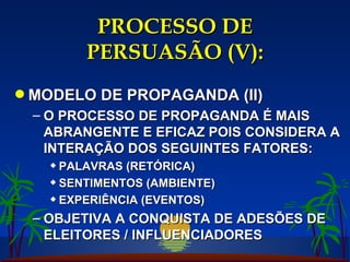 PROCESSO DE PERSUASÃO (V): MODELO DE PROPAGANDA (II) O PROCESSO DE PROPAGANDA É MAIS ABRANGENTE E EFICAZ POIS CONSIDERA A INTERAÇÃO DOS SEGUINTES FATORES: PALAVRAS (RETÓRICA) SENTIMENTOS (AMBIENTE) EXPERIÊNCIA (EVENTOS) OBJETIVA A CONQUISTA DE ADESÕES DE ELEITORES / INFLUENCIADORES 