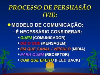 PROCESSO DE PERSUASÃO (VII): MODELO DE COMUNICAÇÃO: É NECESSÁRIO CONSIDERAR: QUEM  (COMUNICADOR) DIZ O QUE  (MENSAGEM) EM QUE CANAL / VEÍCULO  (MÍDIA) PARA QUEM  (RECEPTOR) COM QUE EFEITO  (FEED BACK) 