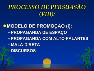PROCESSO DE PERSUASÃO (VIII): MODELO DE PROMOÇÃO (I): PROPAGANDA DE ESPAÇO PROPAGANDA COM ALTO-FALANTES MALA-DIRETA DISCURSOS 