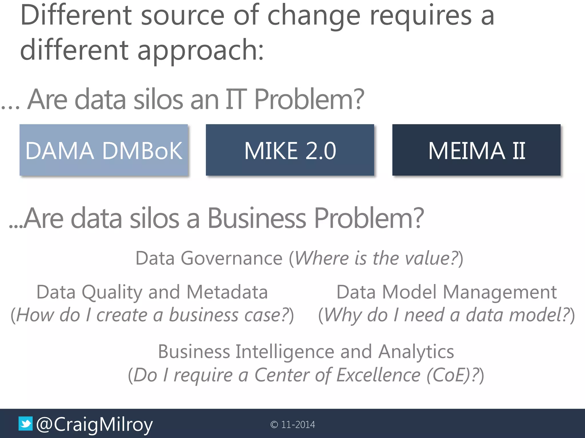 @CraigMilroy 
© 11-2014 
Different source of change requires a different approach: 
… Are data silos an IT Problem? 
...Are data silos a Business Problem? 
DAMA DMBoK 
MIKE 2.0 
MEIMA II 
Data Governance (Where is the value?) 
Data Quality and Metadata 
(How do I create a business case?) 
Data Model Management 
(Why do I need a data model?) 
Business Intelligence and Analytics 
(Do I require a Center of Excellence (CoE)?)  