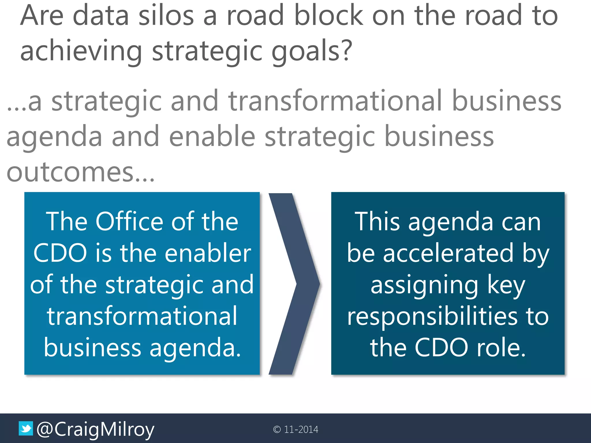@CraigMilroy 
© 11-2014 
Are data silos a road block on the road to achieving strategic goals? 
The Office of the CDO is the enabler of the strategic and transformational business agenda. 
This agenda can be accelerated by assigning key responsibilities to the CDO role. 
…a strategic and transformational business agenda and enable strategic business outcomes…  