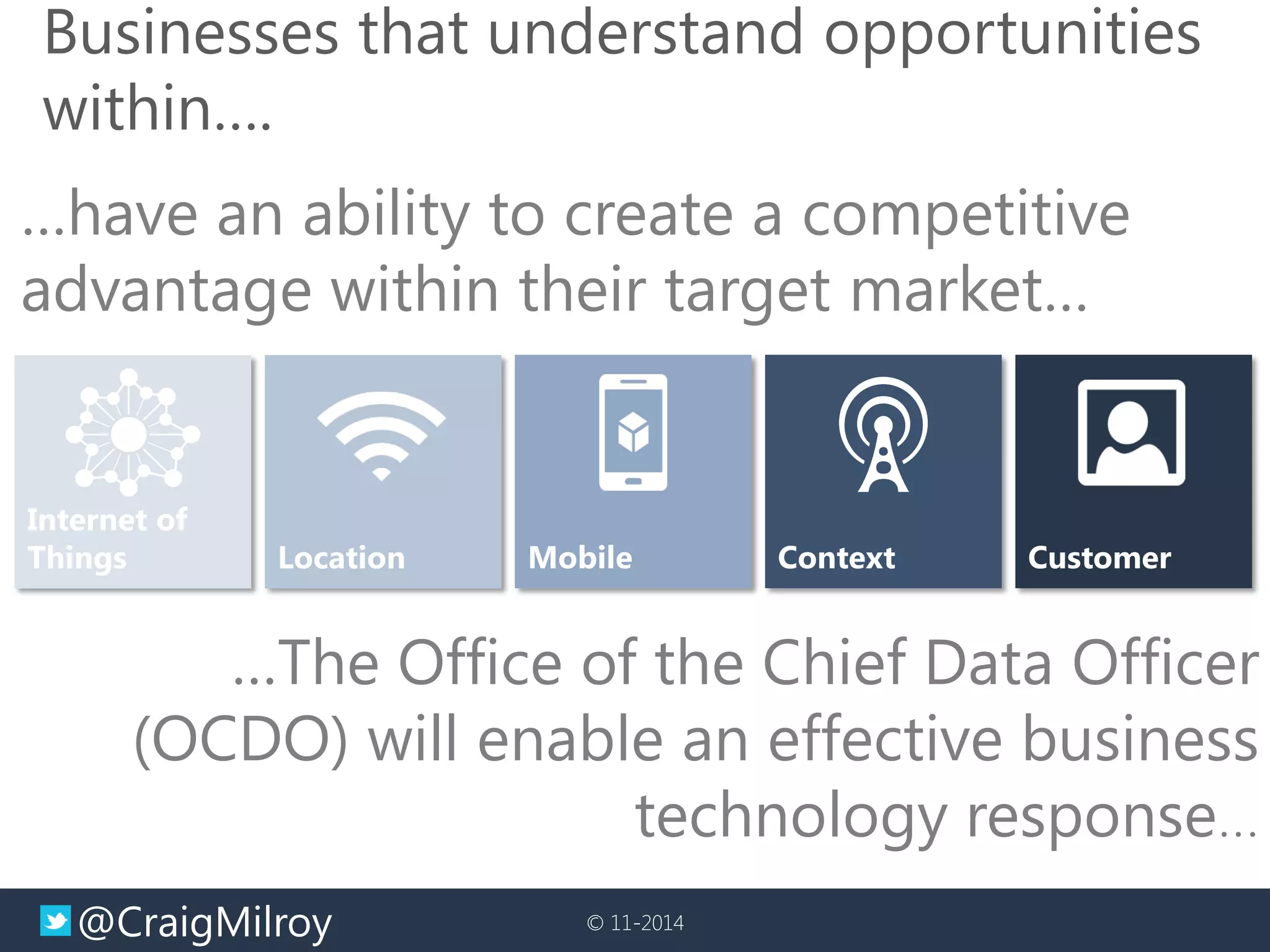 @CraigMilroy 
© 11-2014 
Businesses that understand opportunities within…. 
…The Office of the Chief Data Officer (OCDO) will enable an effective business technology response… 
…have an ability to create a competitive advantage within their target market…  