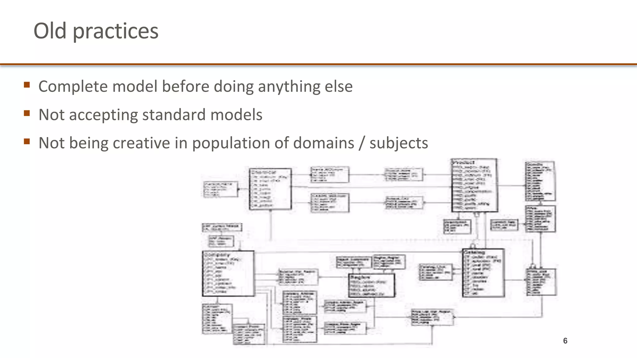 Old practices
 Complete model before doing anything else
 Not accepting standard models
 Not being creative in population of domains / subjects
6
 