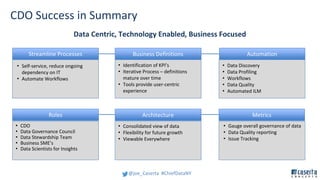 @joe_Caserta  #ChiefDataNY
CDO Success in Summary
• Self-service, reduce ongoing 
dependency on IT
• Automate Workflows
St...