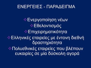 Ενεργοποίηση νέων
Εθελοντισμός
Επιχειρηματικότητα
Ελληνικές εταιρείες με έντονη διεθνή
δραστηριότητα
Πολυεθνικές εταιρείες που βλέπουν
ευκαιρίες σε μία δύσκολη αγορά
ΕΝΕΡΓΕΙΕΣ - ΠΑΡΑΔΕΙΓΜΑ
 