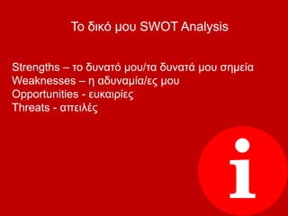 Το δικό μου SWOT Analysis
Strengths – το δυνατό μου/τα δυνατά μου σημεία
Weaknesses – η αδυναμία/ες μου
Opportunities - ευκαιρίες
Threats - απειλές
 