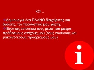 και…
Δημιουργώ ένα ΠΛΑΝΟ διαχείρισης και
δράσης, τον προσωπικό μου χάρτη.
Έχοντας εντοπίσει τους μεσο- και μακρο-
πρόθεσμους στόχους μου (τους κοντινούς και
μακρινότερους προορισμούς μου)
 