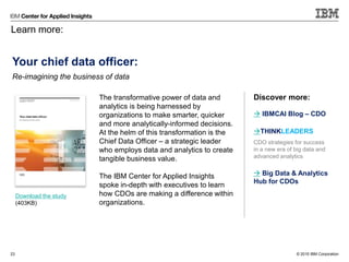 © 2015 IBM Corporation
Learn more:
23
Your chief data officer:
Re-imagining the business of data
The transformative power of data and
analytics is being harnessed by
organizations to make smarter, quicker
and more analytically-informed decisions.
At the helm of this transformation is the
Chief Data Officer – a strategic leader
who employs data and analytics to create
tangible business value.
The IBM Center for Applied Insights
spoke in-depth with executives to learn
how CDOs are making a difference within
organizations.
Download the study
(403KB)
 IBMCAI Blog – CDO
THINKLEADERS
CDO strategies for success
in a new era of big data and
advanced analytics
 Big Data & Analytics
Hub for CDOs
Discover more:
 