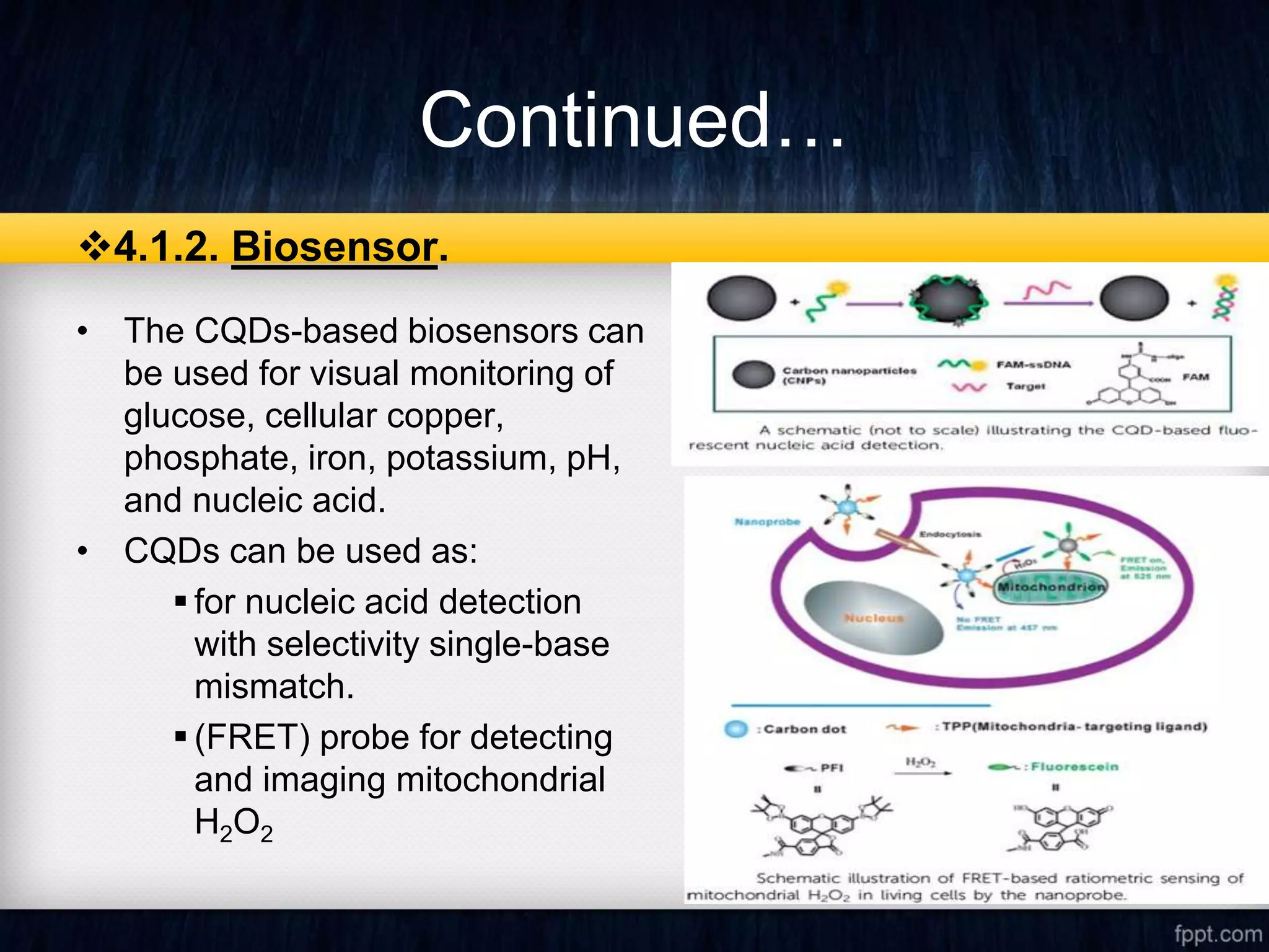 Continued…
4.1.2. Biosensor.
• The CQDs-based biosensors can
be used for visual monitoring of
glucose, cellular copper,
phosphate, iron, potassium, pH,
and nucleic acid.
• CQDs can be used as:
 for nucleic acid detection
with selectivity single-base
mismatch.
 (FRET) probe for detecting
and imaging mitochondrial
H2O2
 