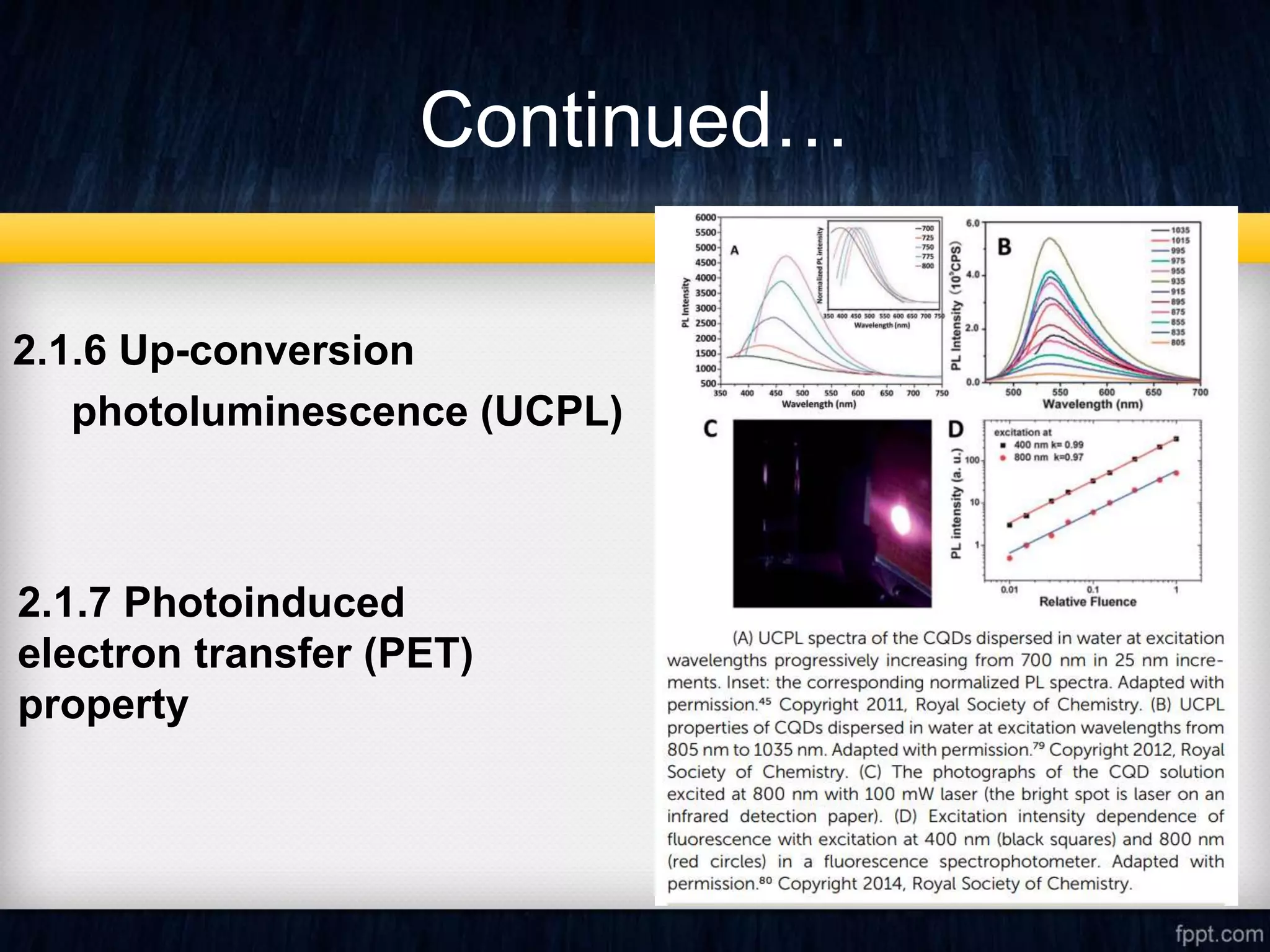 Continued…
2.1.6 Up-conversion
photoluminescence (UCPL)
2.1.7 Photoinduced
electron transfer (PET)
property
 