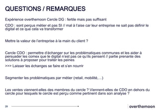 QUESTIONS / REMARQUES
Expérience overthemoon Cercle DG : fertile mais pas suffisant
CDO : sont perçus métier et pas SI // mal à l’aise car leur entreprise ne sait pas définir le
digital et ce que cela va transformer
Mettre la valeur de l’entreprise à la main du client ?
Cercle CDO : permettre d‘échanger sur les problématiques communes et les aider à
persuader les comex que le digital n’est pas ce qu’ils pensent // partie prenante des
solutions à proposer pour traiter les peines
>>> Laisser les échanges se faire et s’en nourrir
Segmenter les problématiques par métier (retail, mobilité,…)
Les ventes viennent-elles des membres du cercle ? Viennent-elles de CDO en dehors du
cercle pour lesquels le cercle est perçu comme pertinent dans son analyse ?
20
 