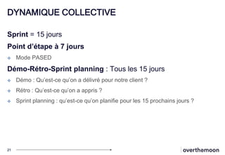 DYNAMIQUE COLLECTIVE
Sprint = 15 jours
Point d’étape à 7 jours
✤ Mode PASED
Démo-Rétro-Sprint planning : Tous les 15 jours
✤ Démo : Qu’est-ce qu’on a délivré pour notre client ?
✤ Rétro : Qu’est-ce qu’on a appris ?
✤ Sprint planning : qu’est-ce qu’on planifie pour les 15 prochains jours ?
21
 