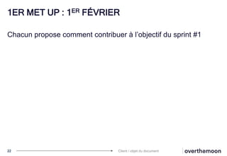 1ER MET UP : 1ER FÉVRIER
Chacun propose comment contribuer à l’objectif du sprint #1
22 Client / objet du document
 