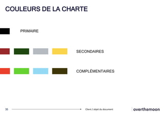 COULEURS DE LA CHARTE
35 Client / objet du document
PRIMAIRE
SECONDAIRES
COMPLÉMENTAIRES
 