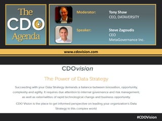 www.cdovision.com
Moderator: Tony Shaw
CEO, DATAVERSITY
Speaker: Steve Zagoudis
CEO
MetaGovernance Inc.
#CDOVision
 