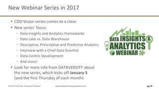 Sponsored	by:
New	Webinar	Series	in	2017
▪ CDO	Vision	series	comes	to	a	close
▪ New	series’	focus:
− Data	Insights	and	Analytics	Frameworks
− Data	Lake	vs.	Data	Warehouse
− Descriptive,	Prescriptive	and	Predictive	Analytics
− Interview	with	a	Chief	Data	Scientist
− Data-Centric	Development
− And	more!
▪ Look	for	more	info	from	DATAVERSITY	about
the	new	series,	which	kicks	off	January	5
(and	the	first	Thursday	of	each	month)
pg 16© 2016 First San Francisco Partners www.firstsanfranciscopartners.com
 