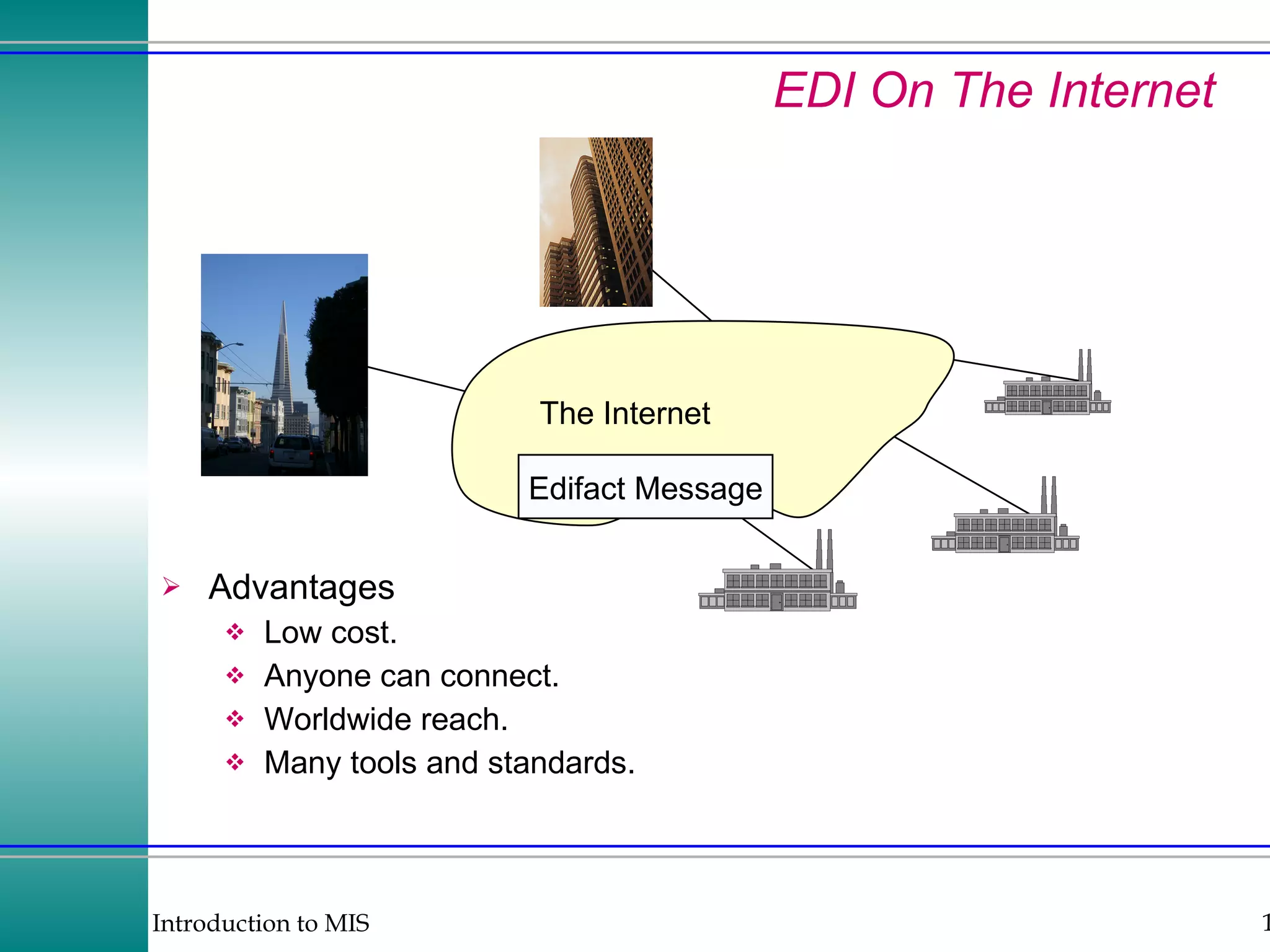 EDI On The Internet Advantages Low cost. Anyone can connect. Worldwide reach. Many tools and standards. The Internet Edifact Message 