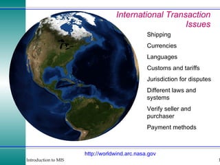 International Transaction Issues http:// worldwind.arc.nasa.gov Shipping Currencies Languages Customs and tariffs Jurisdiction for disputes Different laws and systems Verify seller and purchaser Payment methods 