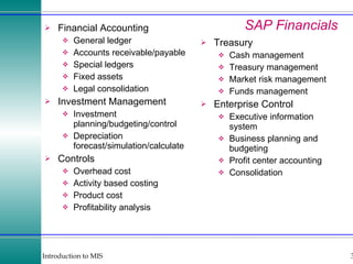 SAP Financials Treasury Cash management Treasury management Market risk management Funds management Enterprise Control Executive information system Business planning and budgeting Profit center accounting Consolidation Financial Accounting General ledger Accounts receivable/payable Special ledgers Fixed assets Legal consolidation Investment Management Investment planning/budgeting/control Depreciation forecast/simulation/calculate Controls Overhead cost Activity based costing Product cost Profitability analysis 