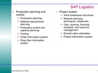 SAP Logistics Production planning and control Production planning Material requirements planning Production control and capacity planning Costing Order information system Shop floor information system Project system Work breakdown structures Network planning techniques, milestones Cost, revenue, financial, schedule, and resource management Earned value calculation Project information system 