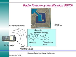 Radio Frequency Identification (RFID) Scanner from: http://www.rfidinc.com C antenna Capacitor: collected energy Transistors: data RFID tag RFID reader Radio/microwaves Data: Alter the waves B E 