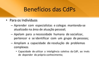 Benefícios das CdPs Para os Indivíduos Aprender  com  especialistas  e colegas  mantendo-se  atualizado na área de atuação pessoal;  Apelam  para  a necessidade  humana  de socializar,  pertencer  e  se identificar  com  um  grupo  de pessoas; Ampliam  a  capacidade  de resolução  de  problemas complexos Capacidade  de utilizar  a  inteligência  coletiva  da CdP,  ao  invés  de  depender  do próprio conhecimento;  