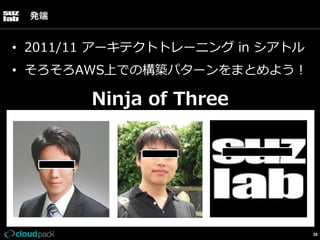 発端

•  2011/11  アーキテクトトレーニング  in  シアトル  
•  そろそろAWS上での構築パターンをまとめよう！

Ninja  of  Three

39

 