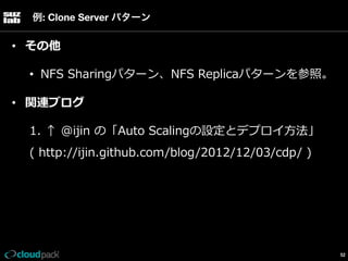 例: Clone Server パターン

•  その他
•  NFS  Sharingパターン、NFS  Replicaパターンを参照。
•  関連ブログ
1.  ↑  @ijin  の「Auto  Scalingの設定とデプロイ⽅方法」
(  http://ijin.github.com/blog/2012/12/03/cdp/  )

52

 