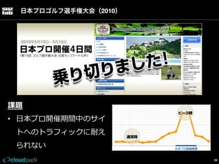 日本プロゴルフ選手権大会（2010）

課題
•  ⽇日本プロ開催期間中のサイ
トへのトラフィックに耐え
られない
56

 