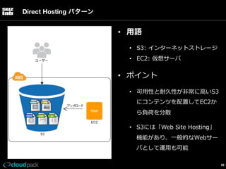 Direct Hosting パターン

•  ⽤用語
•  S3:  インターネットストレージ
•  EC2:  仮想サーバ

•  ポイント
•  可⽤用性と耐久性が⾮非常に⾼高いS3
にコンテンツを配置してEC2か
ら負荷を分散
•  S3には「Web  Site  Hosting」
機能があり、⼀一般的なWebサー
バとして運⽤用も可能
68

 