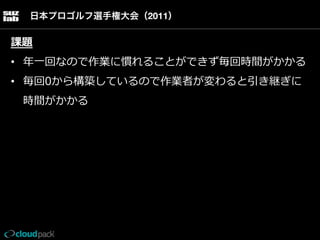 日本プロゴルフ選手権大会（2011）

課題
•  年年⼀一回なので作業に慣れることができず毎回時間がかかる
•  毎回0から構築しているので作業者が変わると引き継ぎに
時間がかかる

 