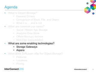 Agenda
• What is Object Storage?
• Demand Drivers
• Comparison of Block, File, and Object
• What it is … and is not
• What are common use cases?
• Social / Mobile App Storage
• Analytics Data Store
• Offsite Backup / Archive
• NAS Filer Consolidation
• What are some enabling technologies?
• Storage Gateways
• Aspera
• What does SoftLayer offer for Object Storage?
• Features
• Locations
• Pricing
14
 