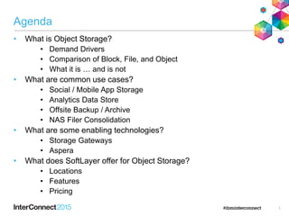 Agenda
• What is Object Storage?
• Demand Drivers
• Comparison of Block, File, and Object
• What it is … and is not
• What are common use cases?
• Social / Mobile App Storage
• Analytics Data Store
• Offsite Backup / Archive
• NAS Filer Consolidation
• What are some enabling technologies?
• Storage Gateways
• Aspera
• What does SoftLayer offer for Object Storage?
• Locations
• Features
• Pricing
1
 