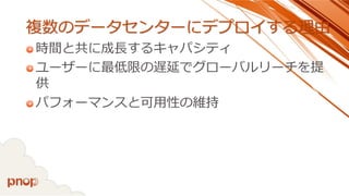 複数のデータセンターにデプロイする理由 
時間と共に成長するキャパシティ 
ユーザーに最低限の遅延でグローバルリーチを提 供 
パフォーマンスと可用性の維持  