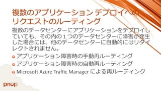 複数のアプリケーションデプロイへの リクエストのルーティング 
複数のデータセンターにアプリケーションをデプロイし ていても、その内の1 つのデータセンターに障害が発生 した場合には、他のデータセンターに自動的にはリダイ レクトされません。 
アプリケーション障害時の手動再ルーティング 
アプリケーション障害時の自動再ルーティング 
Microsoft Azure Traffic Manager による再ルーティング  