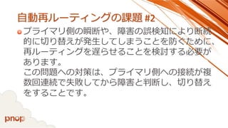 自動再ルーティングの課題#2 
プライマリ側の瞬断や、障害の誤検知により断続 的に切り替えが発生してしまうことを防ぐために、 再ルーティングを遅らせることを検討する必要が あります。 この問題への対策は、プライマリ側への接続が複 数回連続で失敗してから障害と判断し、切り替え をすることです。  