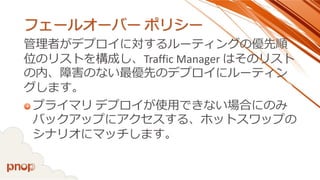 フェールオーバーポリシー 
管理者がデプロイに対するルーティングの優先順 位のリストを構成し、Traffic Manager はそのリスト の内、障害のない最優先のデプロイにルーティン グします。 
プライマリデプロイが使用できない場合にのみ バックアップにアクセスする、ホットスワップの シナリオにマッチします。  