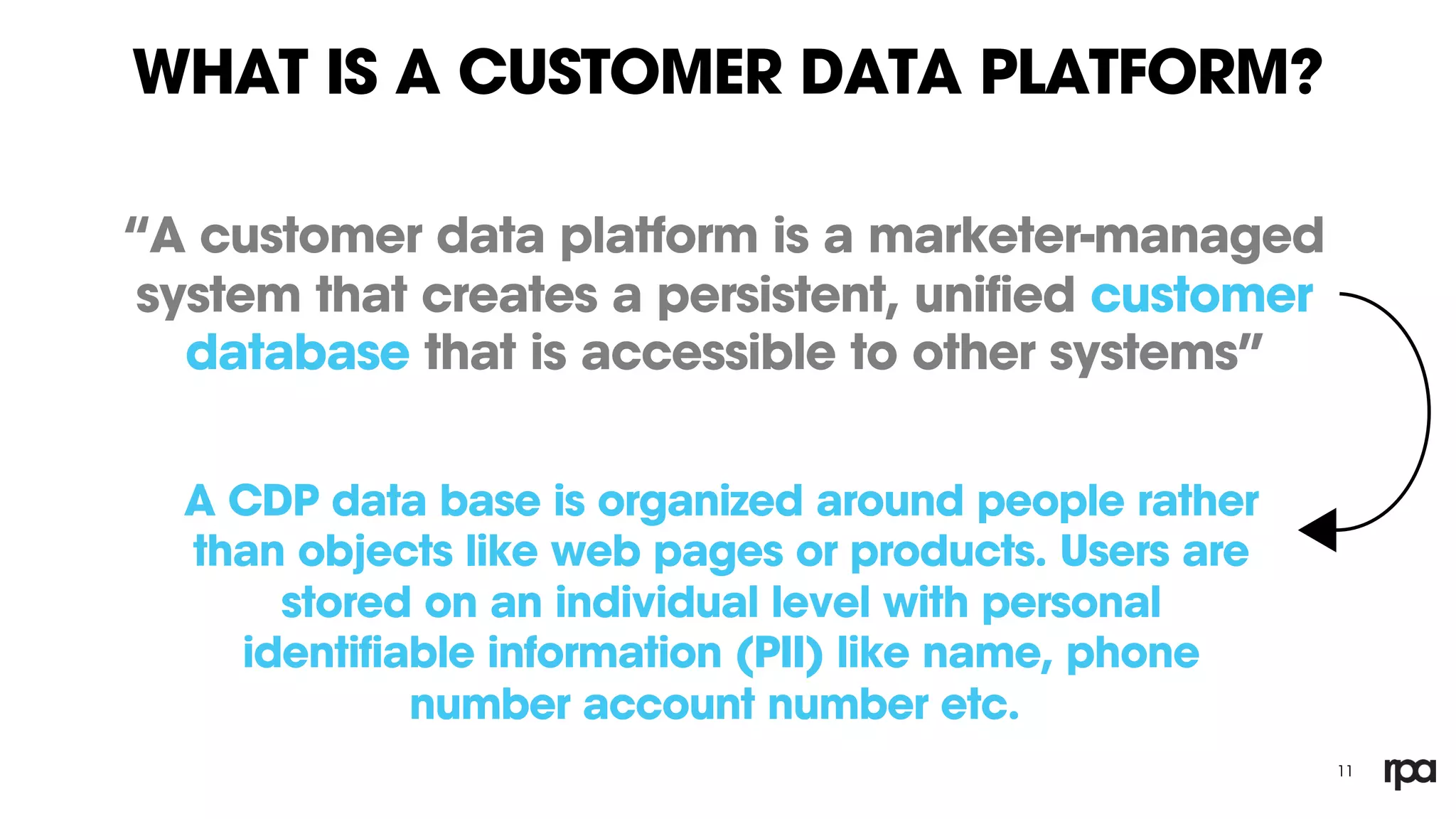 WHAT IS A CUSTOMER DATA PLATFORM?
“A customer data platform is a marketer-managed
system that creates a persistent, unified customer
database that is accessible to other systems”
11
A CDP data base is organized around people rather
than objects like web pages or products. Users are
stored on an individual level with personal
identifiable information (PII) like name, phone
number account number etc.
 