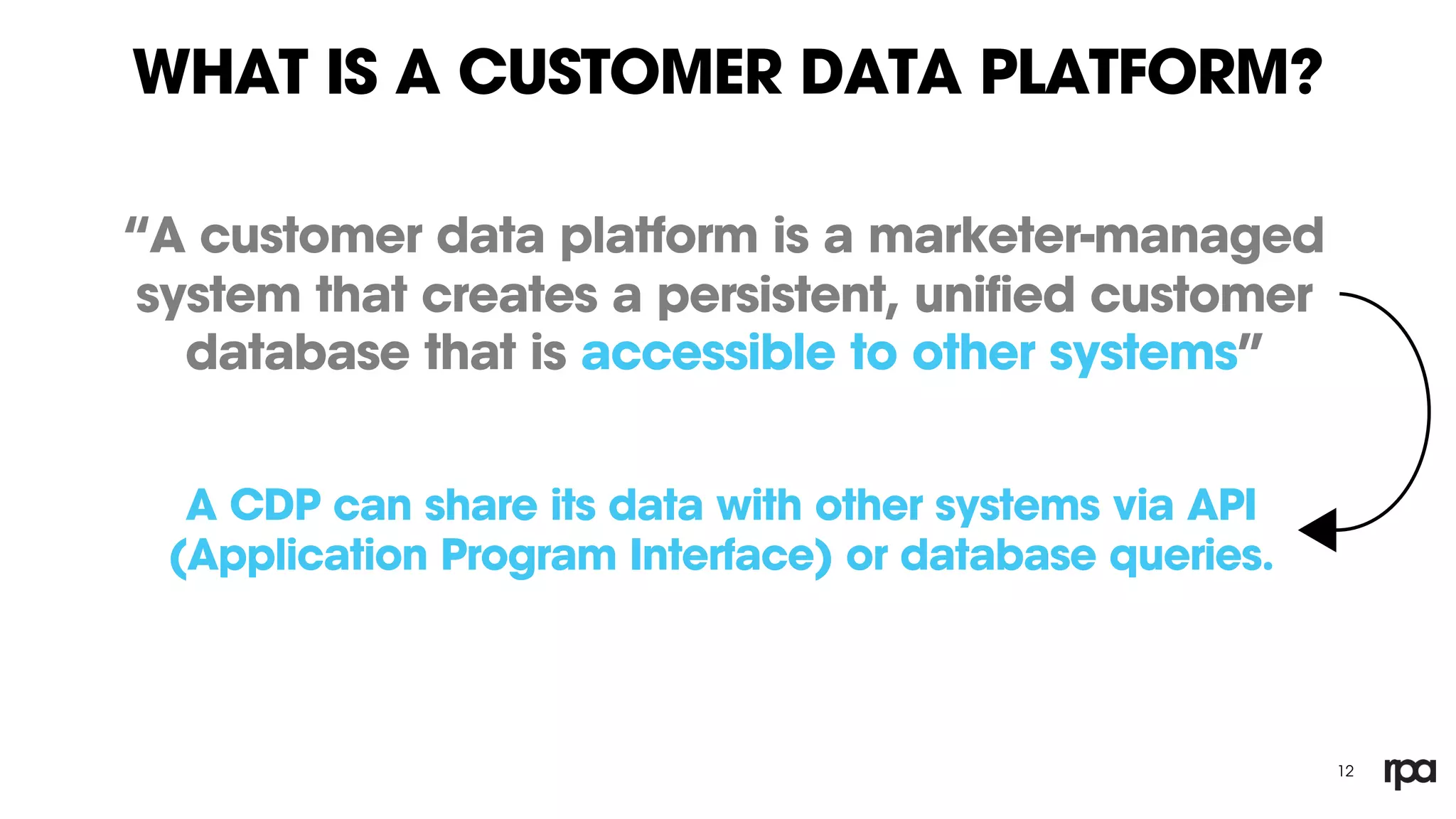 WHAT IS A CUSTOMER DATA PLATFORM?
“A customer data platform is a marketer-managed
system that creates a persistent, unified customer
database that is accessible to other systems”
12
A CDP can share its data with other systems via API
(Application Program Interface) or database queries.
 