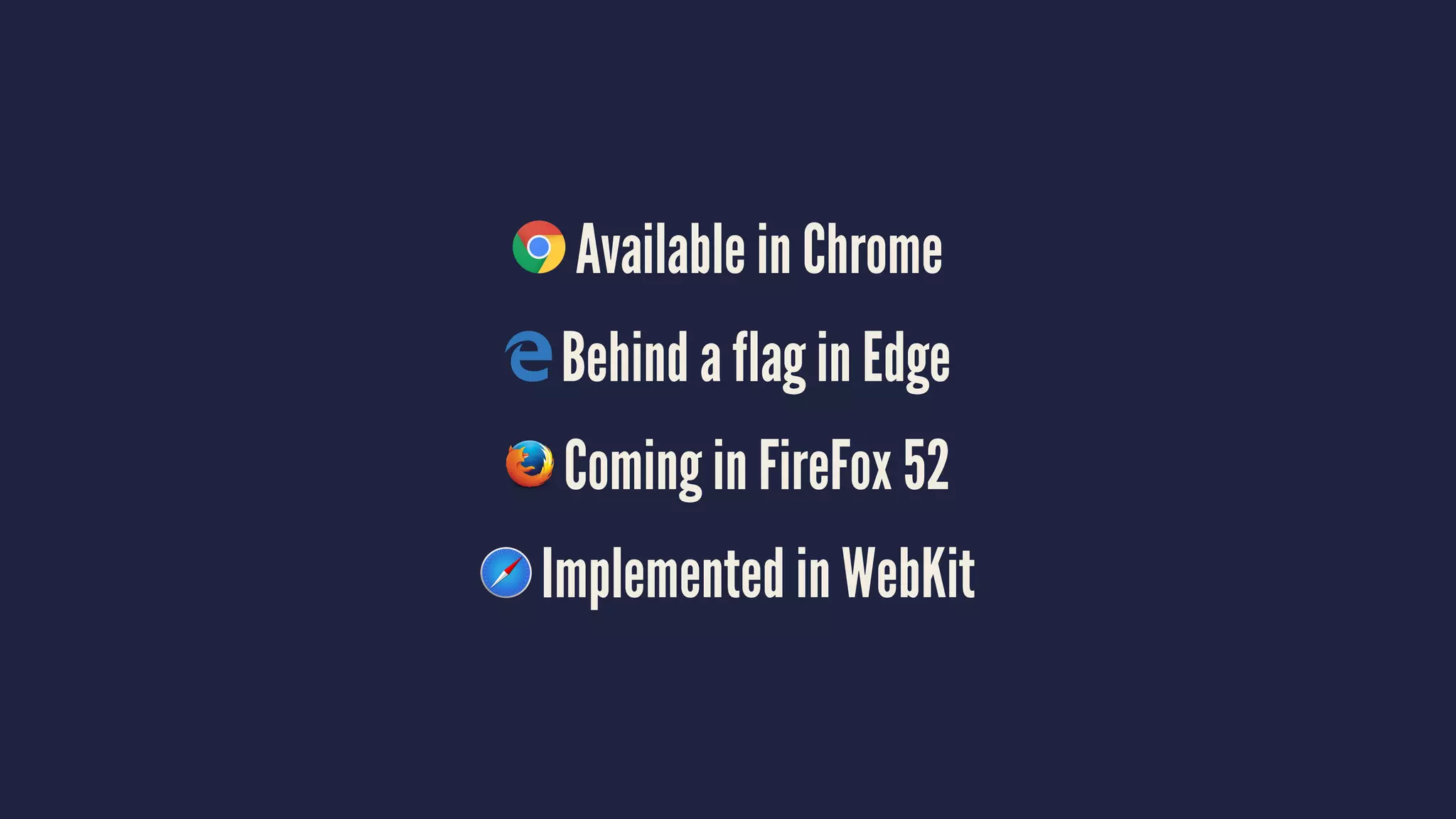 Available in Chrome
Behind a flag in Edge
Coming in FireFox 52
Implemented in WebKit
 