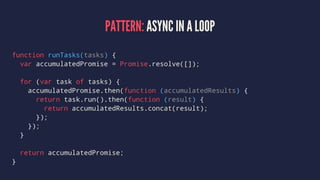 PATTERN: ASYNC IN A LOOP
function runTasks(tasks) {
var accumulatedPromise = Promise.resolve([]);
for (var task of tasks) {
accumulatedPromise.then(function (accumulatedResults) {
return task.run().then(function (result) {
return accumulatedResults.concat(result);
});
});
}
return accumulatedPromise;
}
 