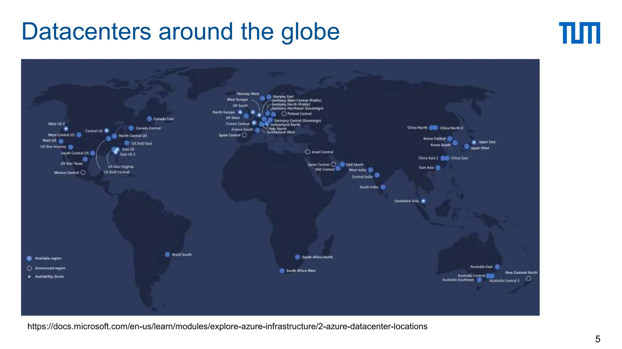 Datacenters around the globe
5
https://docs.microsoft.com/en-us/learn/modules/explore-azure-infrastructure/2-azure-datacenter-locations
 